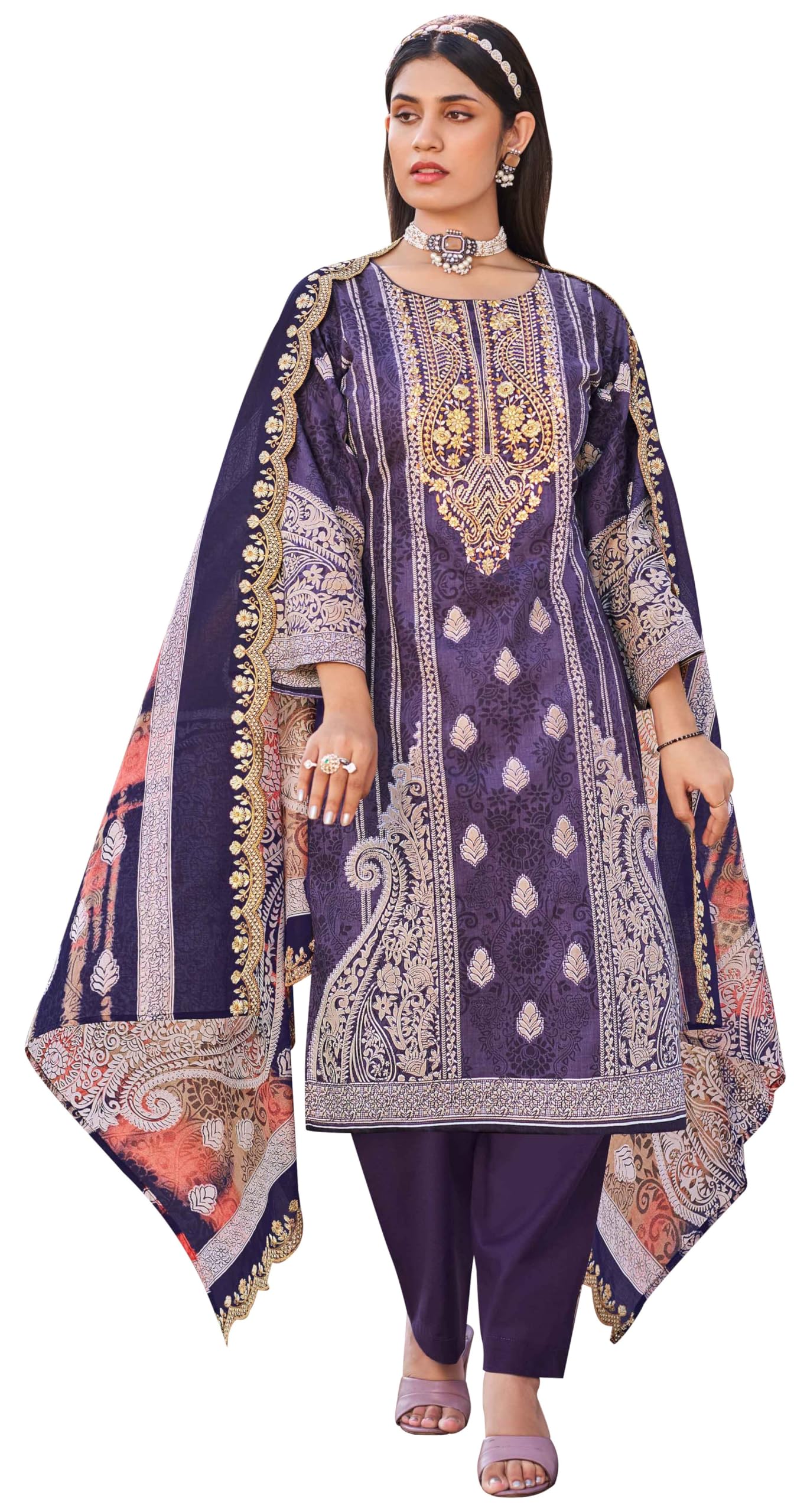 DRAVINAM Trends Women's Unstitched Salwar Suit Dress Material - Cotton Digital Printed Organza Embroidered Kameez II Unstitch Bottoms II Cotton Dupatta