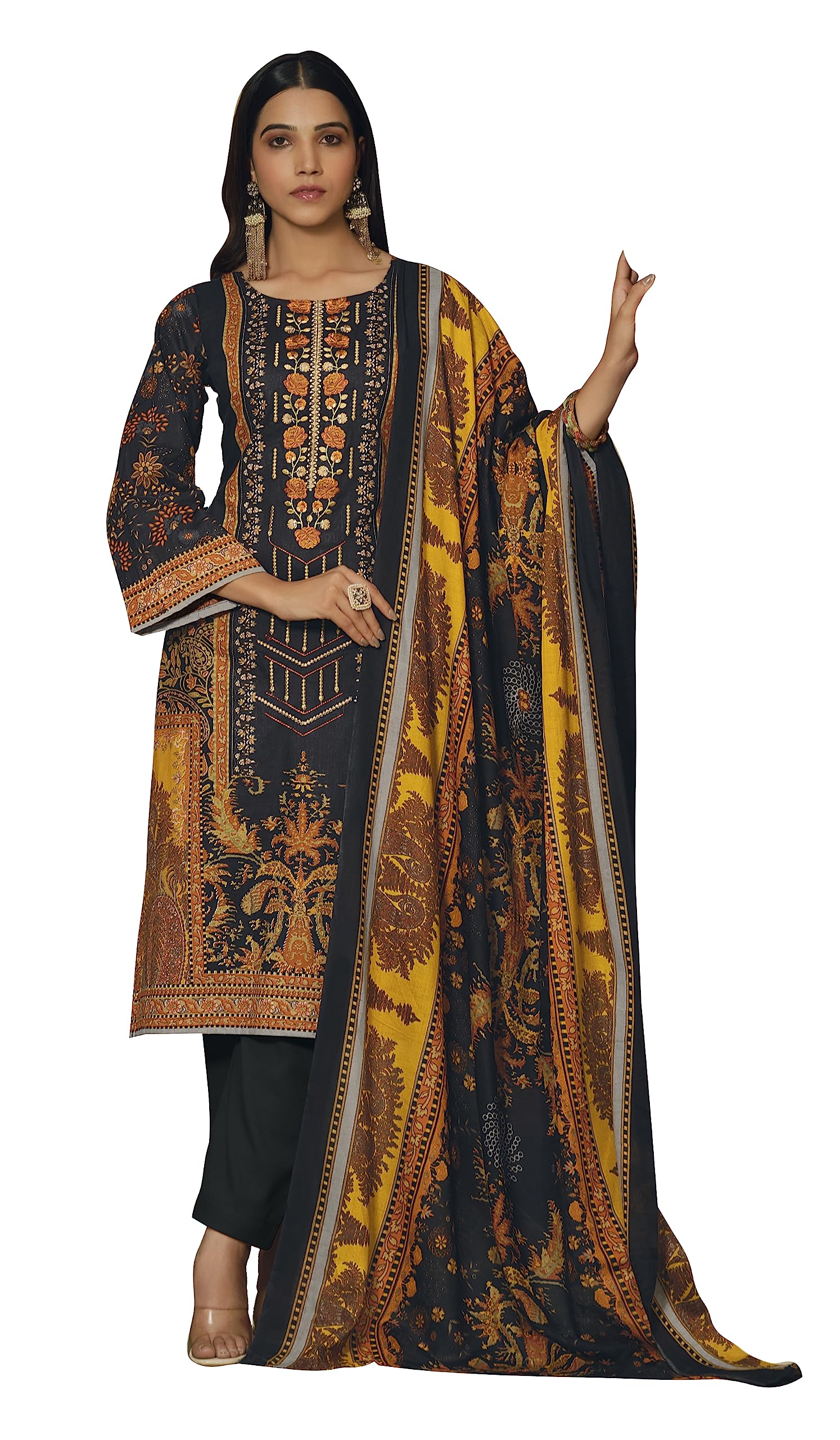 DRAVINAM Trends Women's Unstitched Printed Embroidered Pure Cotton Pakistani Salwar Suit Dress Materials with Cotton printed Dupatta (Black)