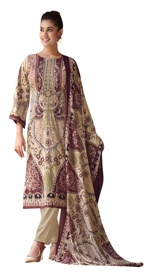 DRAVINAM Trends Unstitched Pakistani Print Embroidered Cotton Salwar Suit Dress Materials with Cotton Printed Dupatta (Beige)
