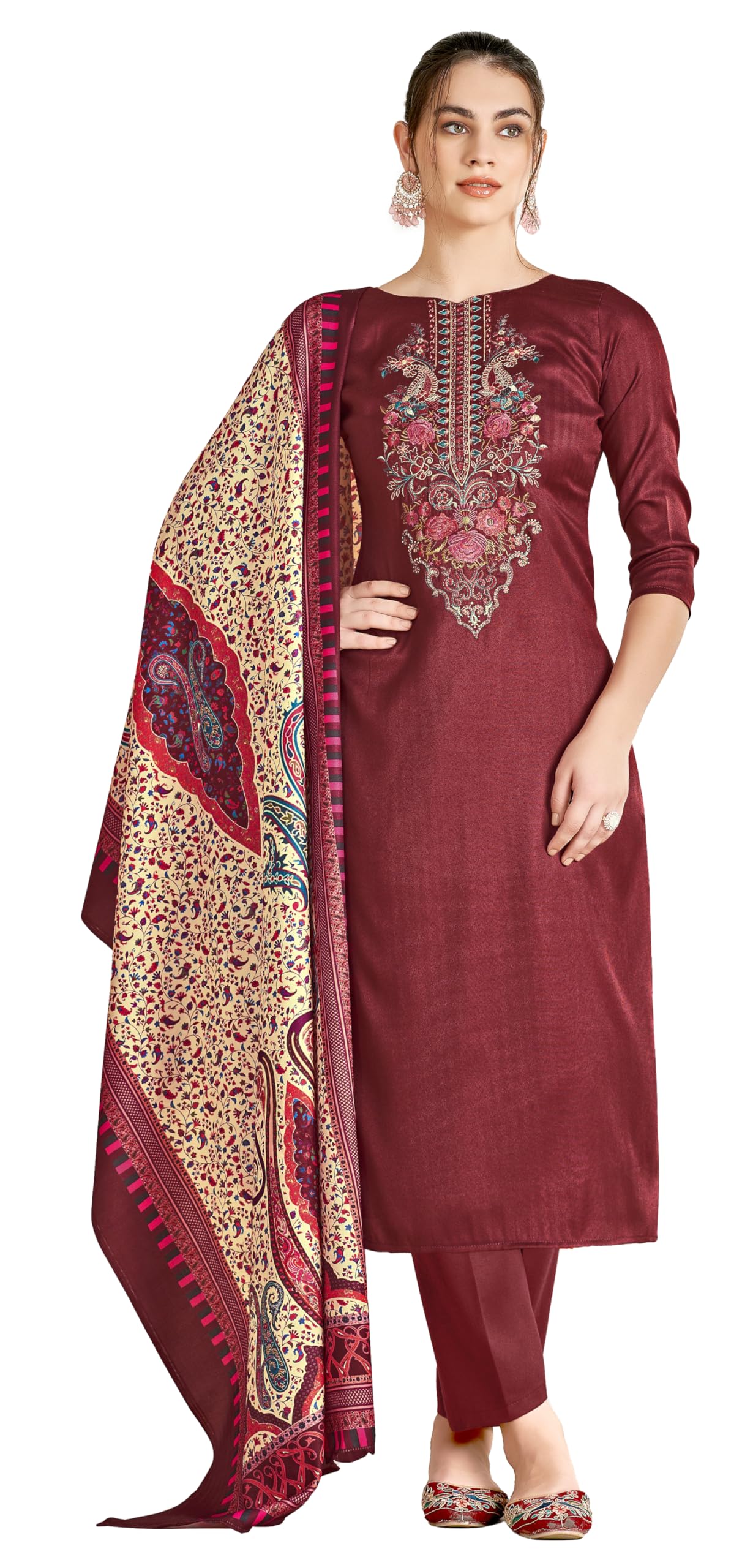 DRAVINAM Trends Women's Unstitched Woollen Pure Pashmina Embroidered Salwar Suit Dress Material with Pashmina Printed Shawl Dupatta