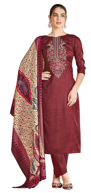 DRAVINAM Trends Women's Unstitched Woollen Pure Pashmina Embroidered Salwar Suit Dress Material with Pashmina Printed Shawl Dupatta