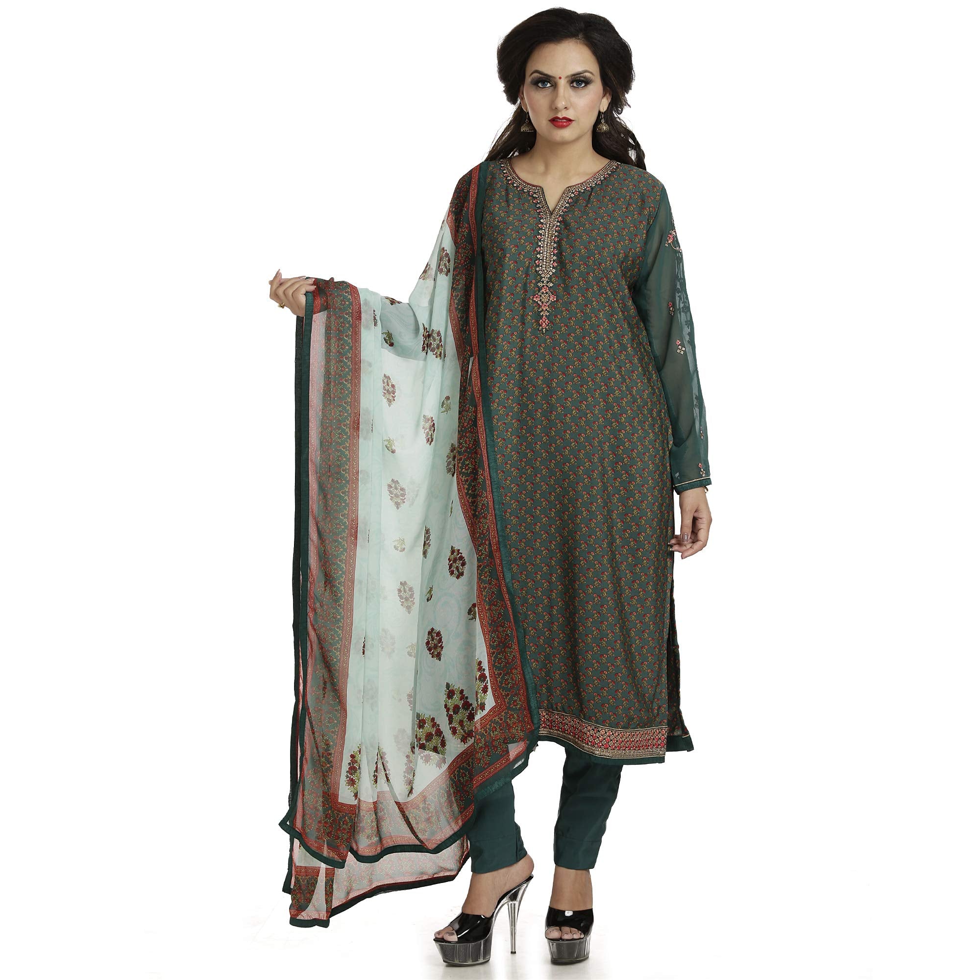 DRAVINAM Trends Women's Crepe Semi-stitched Salwar Suit (VinSilk*9_Dark Green_Free Size)