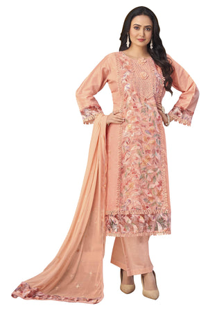 DRAVINAM Trends Women's Unstitched Cotton Embroidered Suit Material -Jam Cotton Embroidered Shirt II Cotton Bottoms II Chiffon Ptinted Dupatta