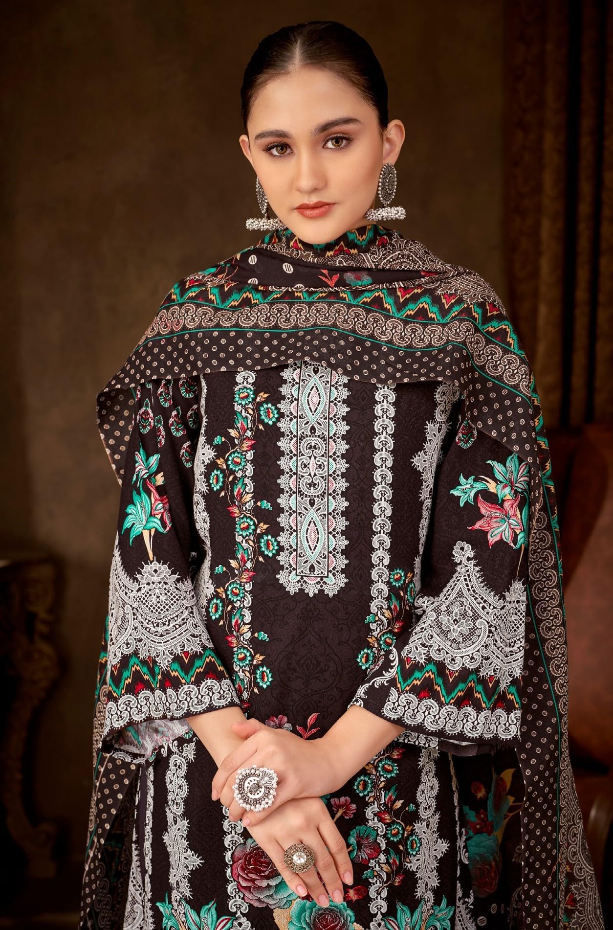 DRAVINAM Trends Women's Unstitched Salwar Suit Dress Material - Cotton Digital Printed Organza Embroidered Kameez II Unstitch Bottoms II Cotton Dupatta