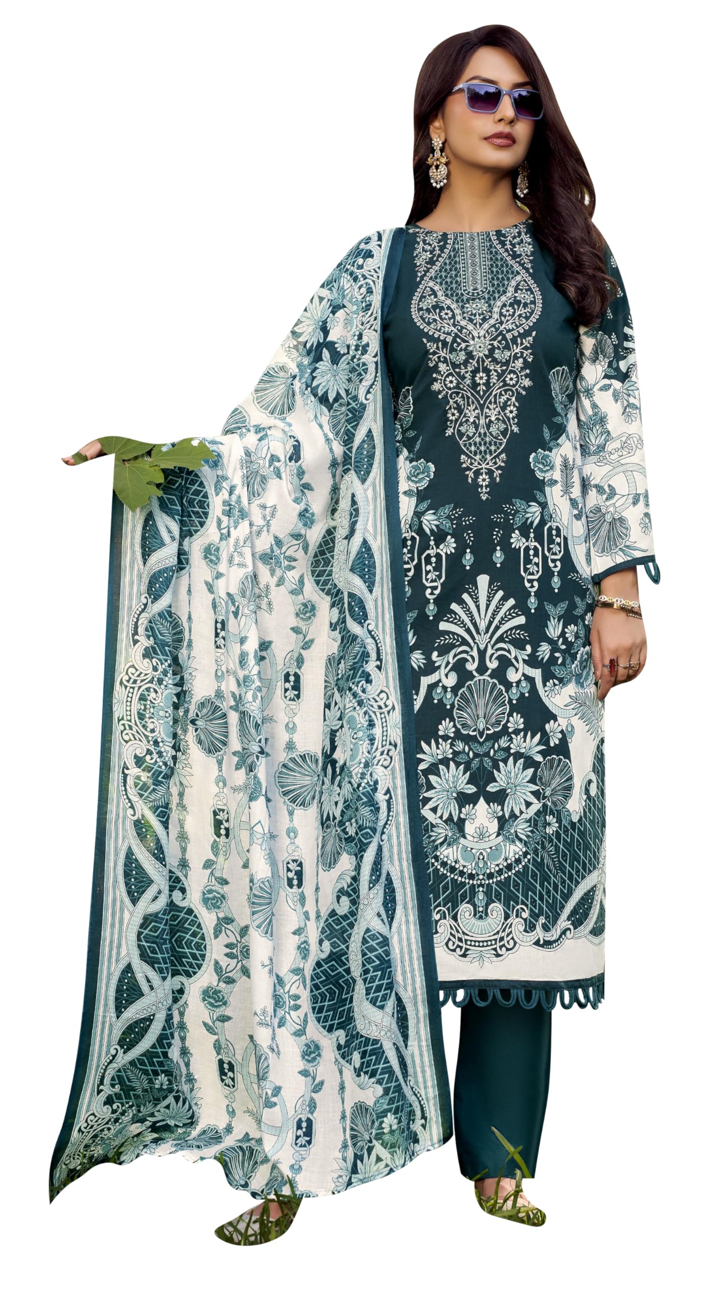 DRAVINAM Trends Women's Unstitched Cotton Suit Dress Material -Embroidered Digital Print Top II Plain Bottoms II Digital Print Dupatta