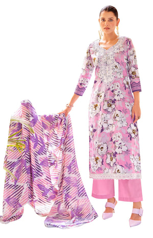 DRAVINAM Trends Women's Unstitched Salwar Suit Material - Pink - Cambric Cotton - Floral Print Top with Embroidery - Solid Cotton Bottom - Mal Mal Print Dupatta with Lace