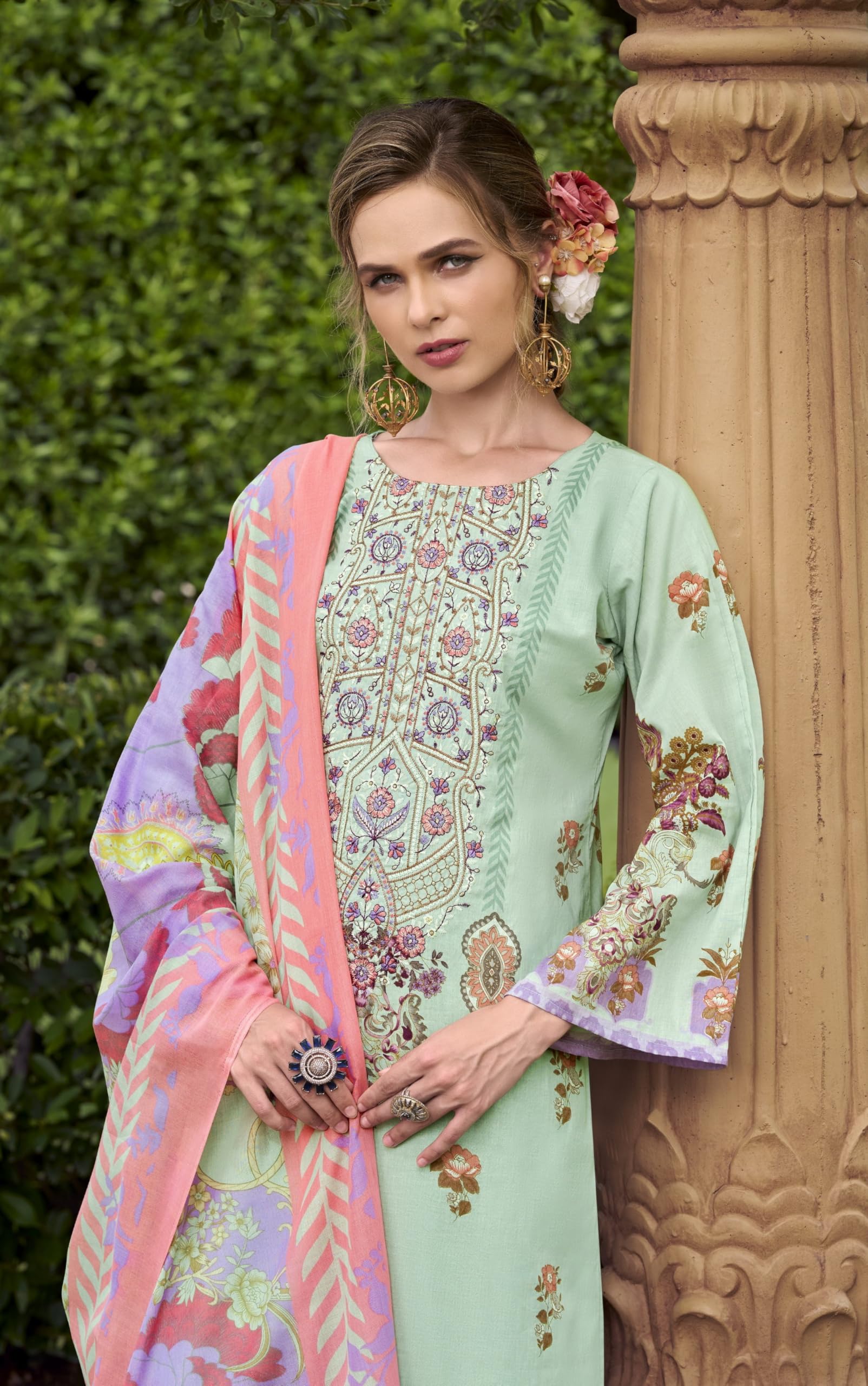 DRAVINAM Trends Women's Unstitched Cotton Suit Dress Material - Pure Cotton Embroidered Digital Top II Cotton Bottoms II Cotton Digital Print Dupatta