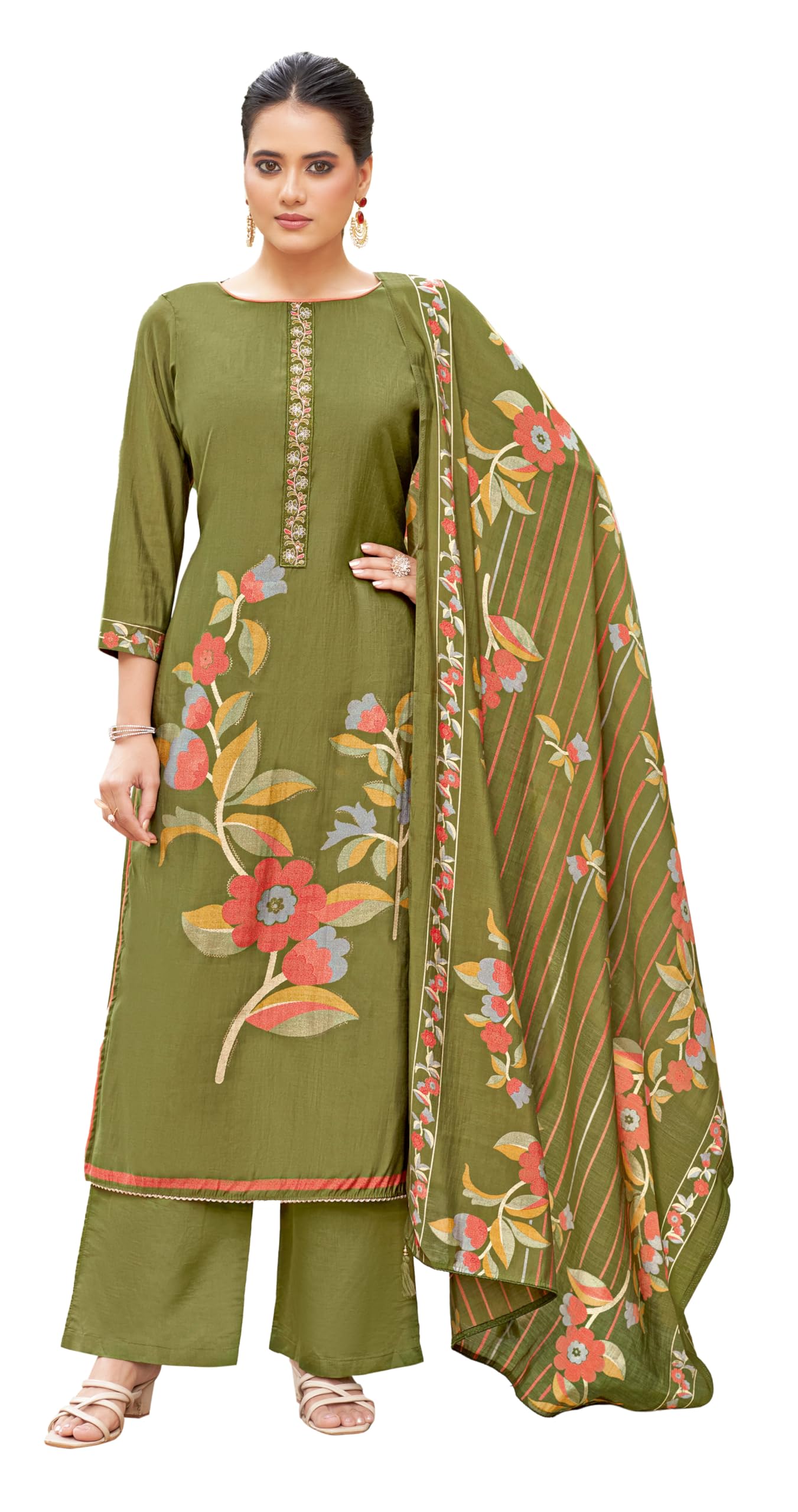 DRAVINAM Trends Women's Unstitched Salwar Suit Dress Material Modal Silk Discharge Foil Print Embroidered Kameez Plain Unstitched Bottoms and Modal Silk Discharge Foil Print Dupatta