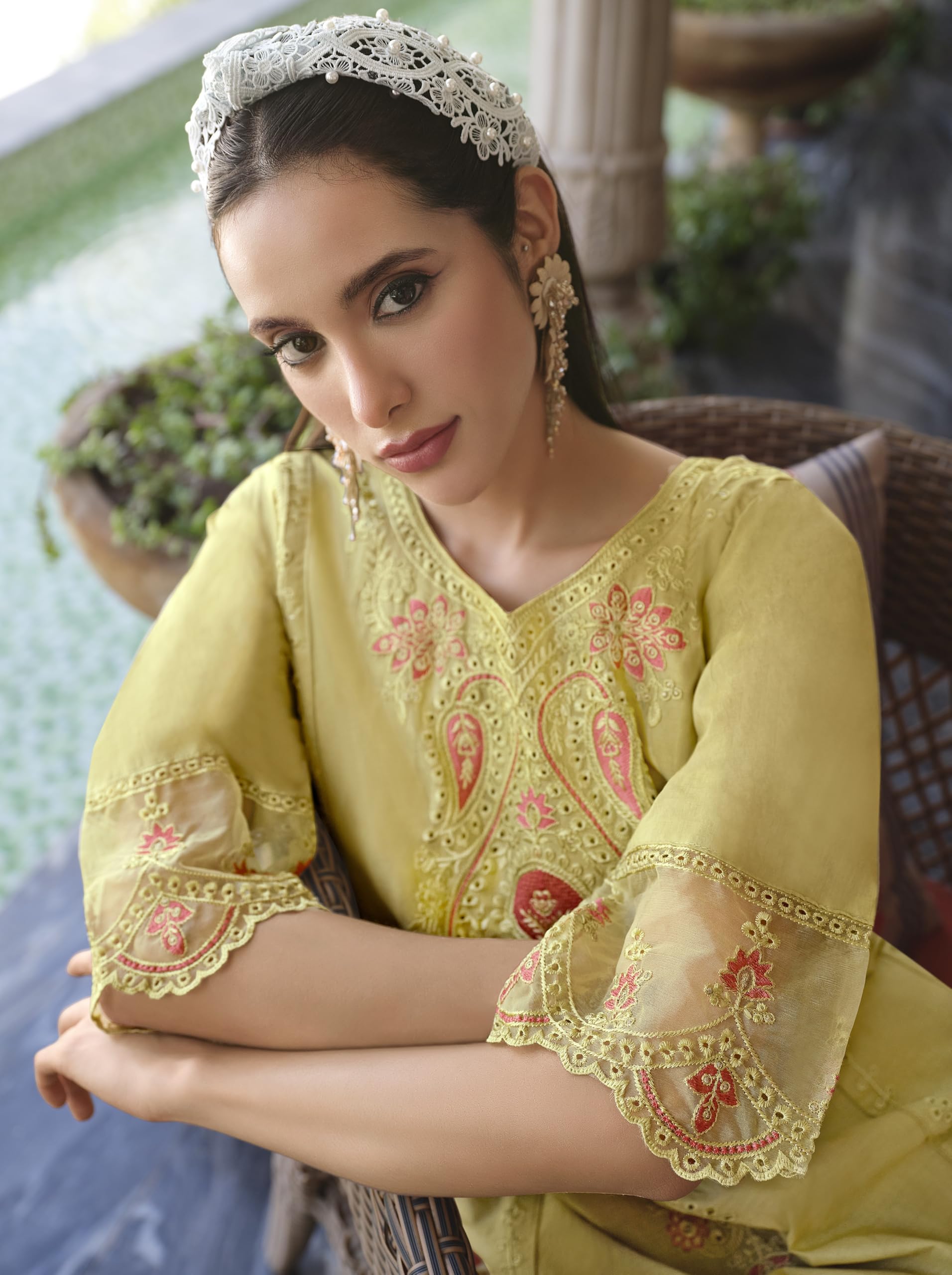 DRAVINAM Trends Women's Unstitched Lawn Cotton Karachi Embroidered Suit Material - Lawn Cotton Heavy Karachi Embroidered Shirt with Heavy Daman Work II Cotton Bottoms II Cotton Digital Printed Dupatta