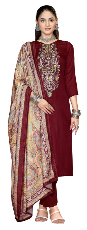 DRAVINAM Trends Women's Unstitched Winter Wear Woollen Pashmina Embroidered Salwar Suit Dress Material with Pashmina Printed Shawl Dupatta