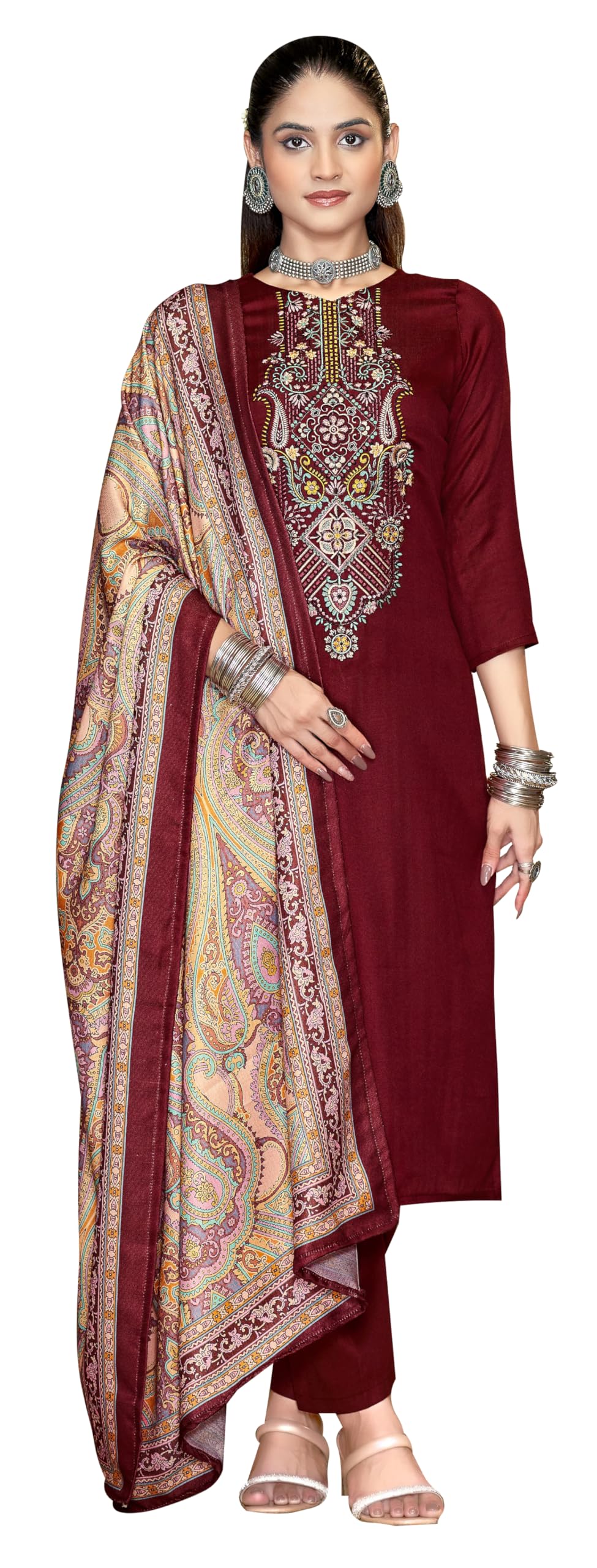 DRAVINAM Trends Women's Unstitched Winter Wear Woollen Pashmina Embroidered Salwar Suit Dress Material with Pashmina Printed Shawl Dupatta