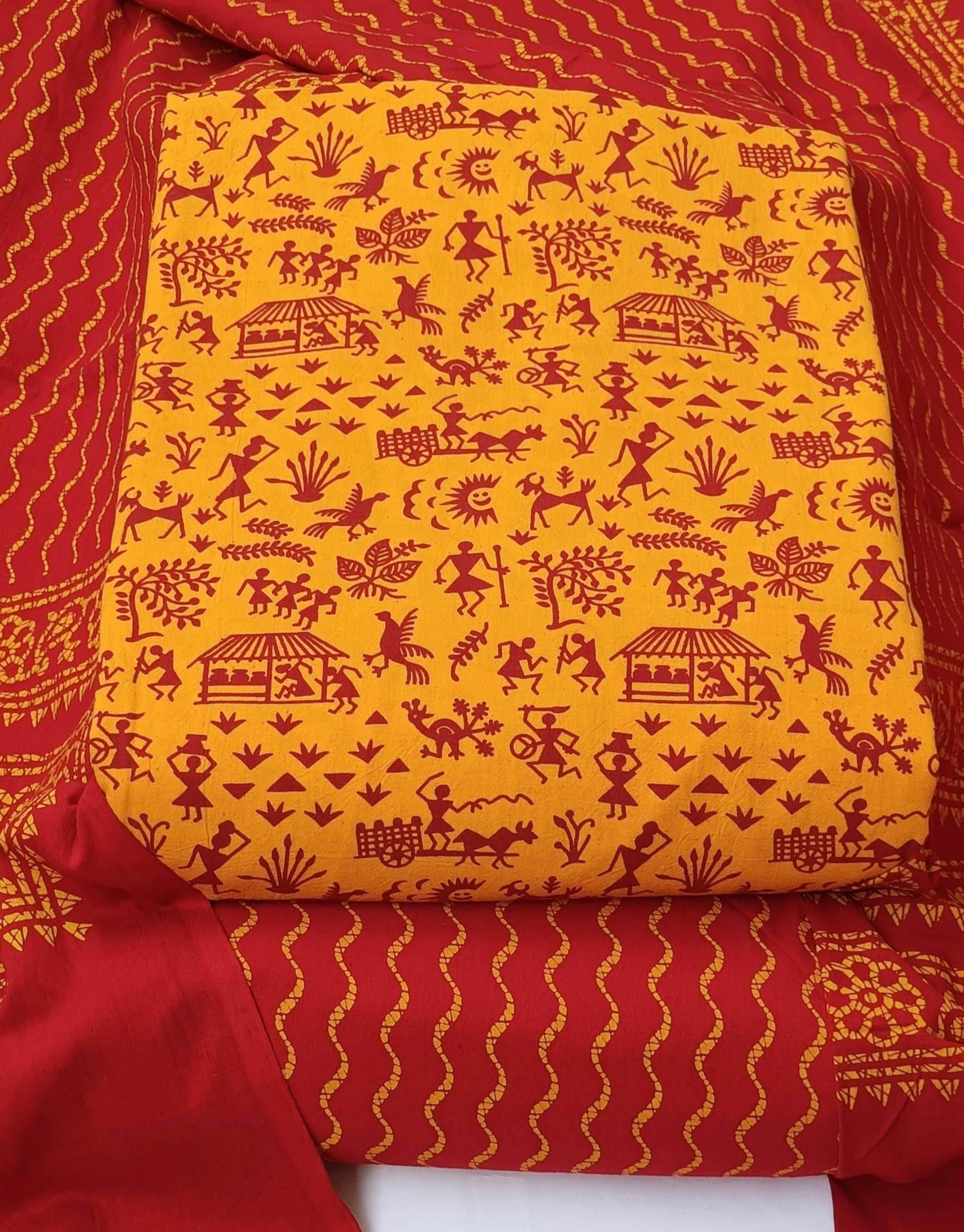 DRAVINAM Trends Women's Premium Cotton Unstitched Salwar Suit Dress Material Set | Traditional Rajasthani Gujari Block Print (Red & Mustard Yellow)