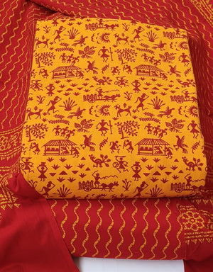 DRAVINAM Trends Women's Premium Cotton Unstitched Salwar Suit Dress Material Set | Traditional Rajasthani Gujari Block Print (Red & Mustard Yellow)