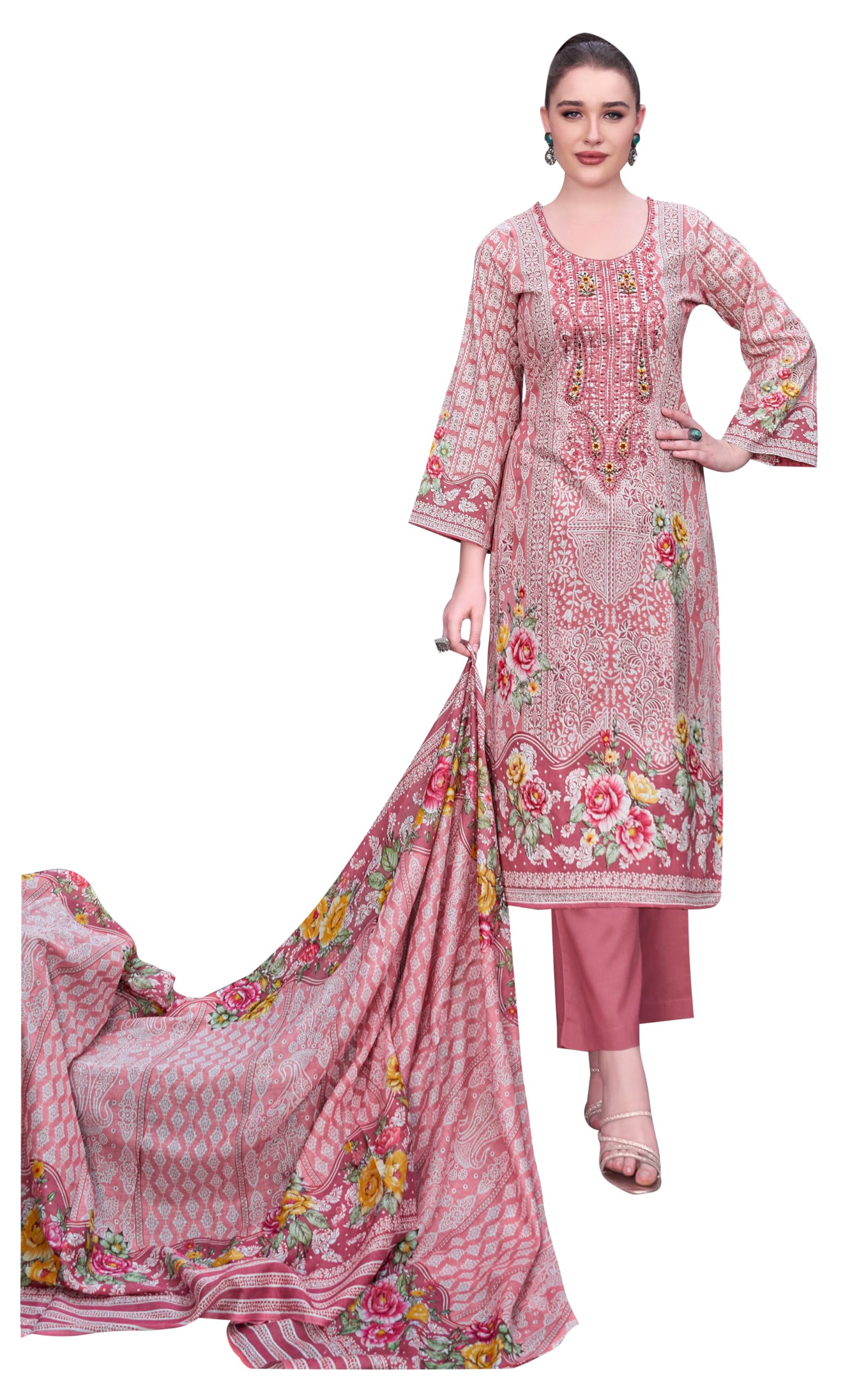 DRAVINAM Trends Unstitched Pakistani Embroidered Pure Cambric Cotton Salwar Suit Dress Materials with Cotton Dupatta