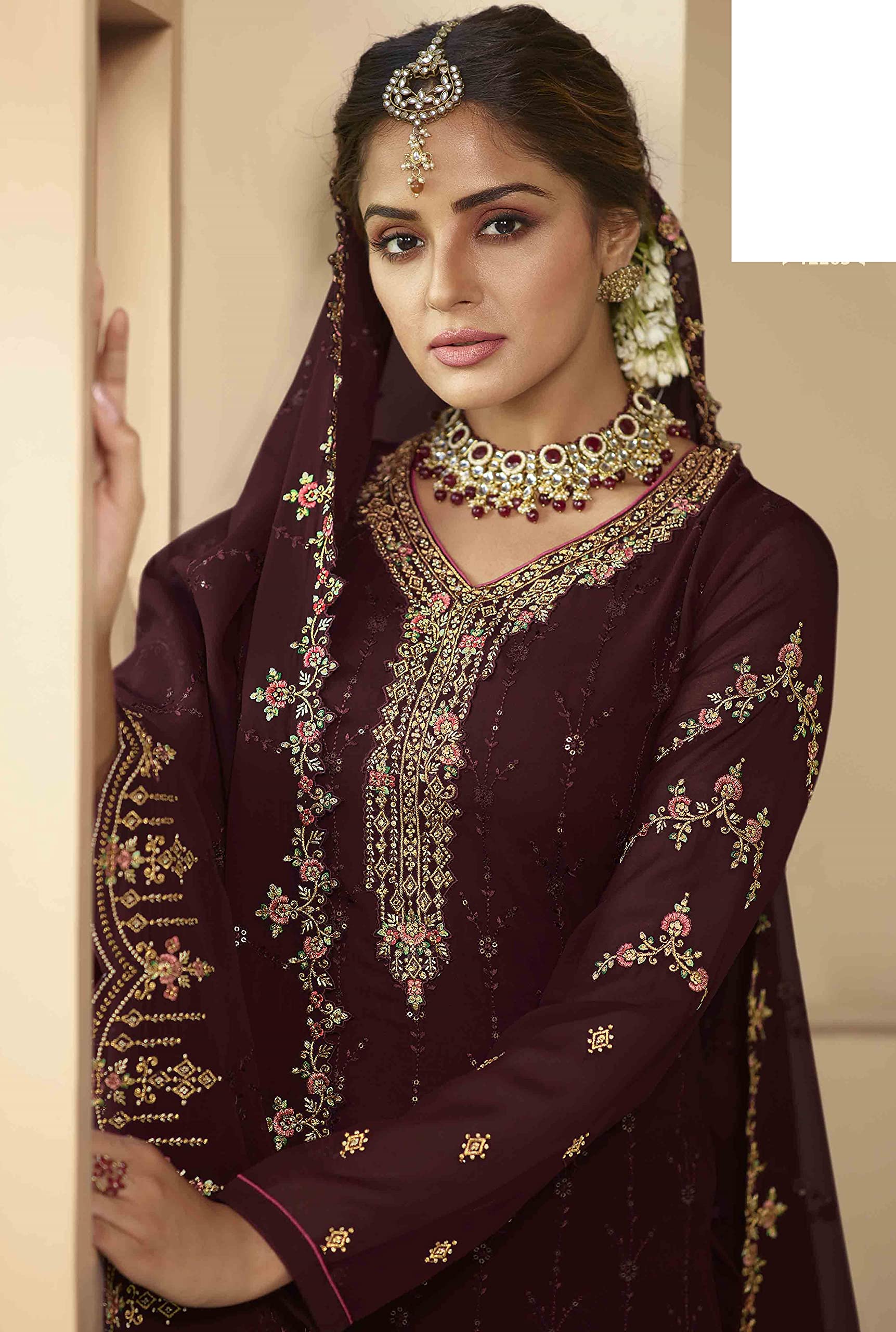 DRAVINAM Trends Women's Heavy Embroidered Pure Georgette Sharara Salwar Suit Dress Material with Heavy Embroidered Pure Georgette Dupatta (Free size_Maroonish red)