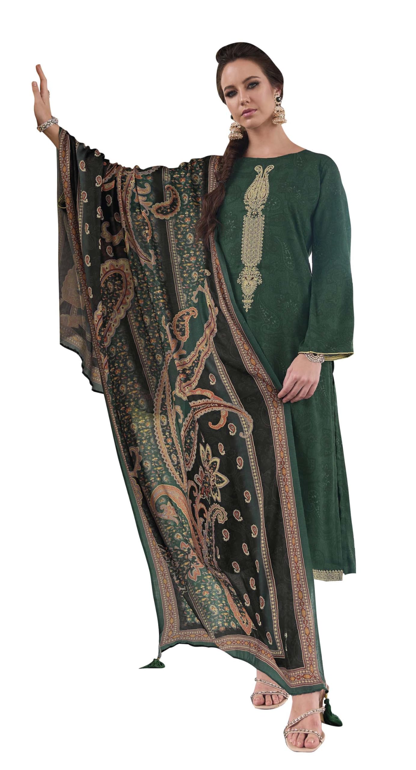 DRAVINAM Trends Women's Digital printed Zari Embroidered Pure Woolen Pashmina Unstitched Salwar suit Dress Material with Pure Pashmina Shawl Dupatta