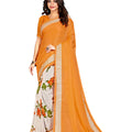 DRAVINAM Trends Women's Plain Weave Jute Linen Printed Border Saree with Blouse Piece (White and Orange)