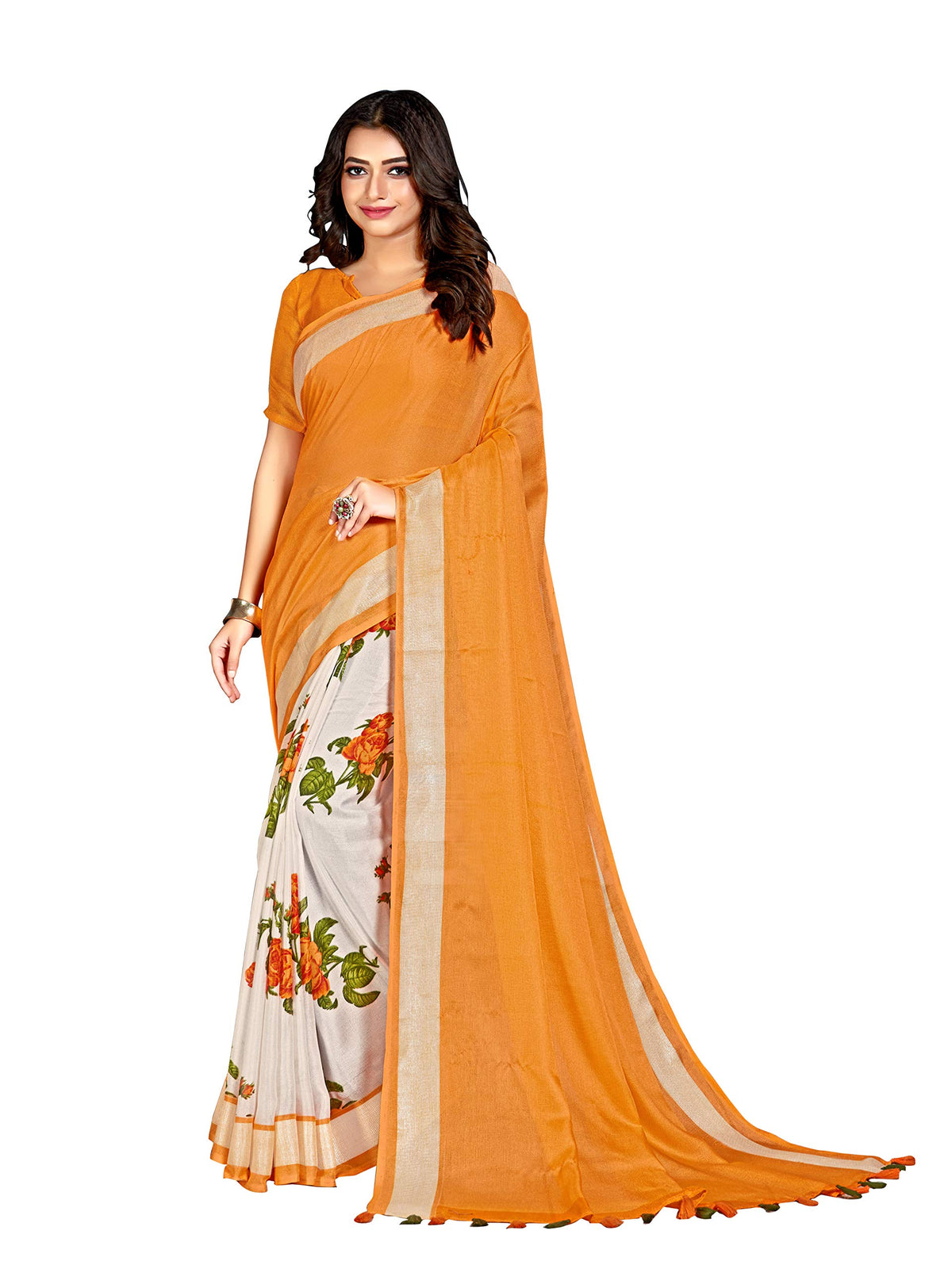 DRAVINAM Trends Women's Woven Kalamkari Printed Soft Cotton Saree with Blouse Piece (SareeKlm_6_Red and Orange)