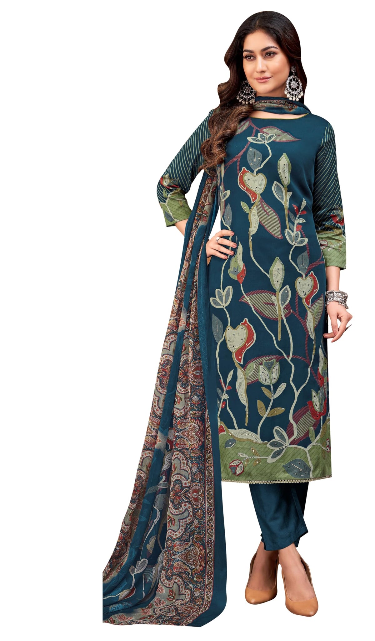 DRAVINAM Trends Women's Viscose Jam Cotton Handwork Unstitched Salwar Suit Dress Material - Pure Jam Discharge Print with Hand work Kameez | Viscose Rayon Bottom |Pure German Bemberg Print Dupatta