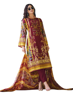 DRAVINAM Trends Printed Embroidered Pakistani Unstitched Pure Cotton Salwar Suit Dress Materials Fabric with Cotton Printed Dupatta for Women (Sky Blue)