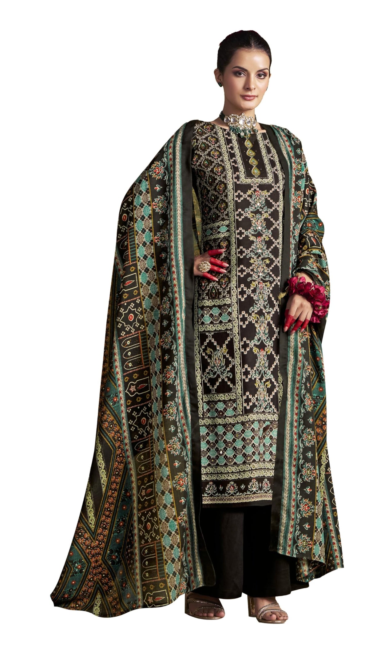 DRAVINAM Trends Women's Unstitched Rayon Salwar Suit Dress Material – Heavy Viscose Printed Top with Handwork II Pure Viscose Plain Bottom II Pure Cotton Mal Mal Printed Dupatta