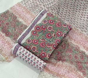 DRAVINAM Trends Sanganeri Hand Block Print Pure Cambric Unstitched Cotton Suit Dress Material with Kota Doriya Hand Printed Dupatta