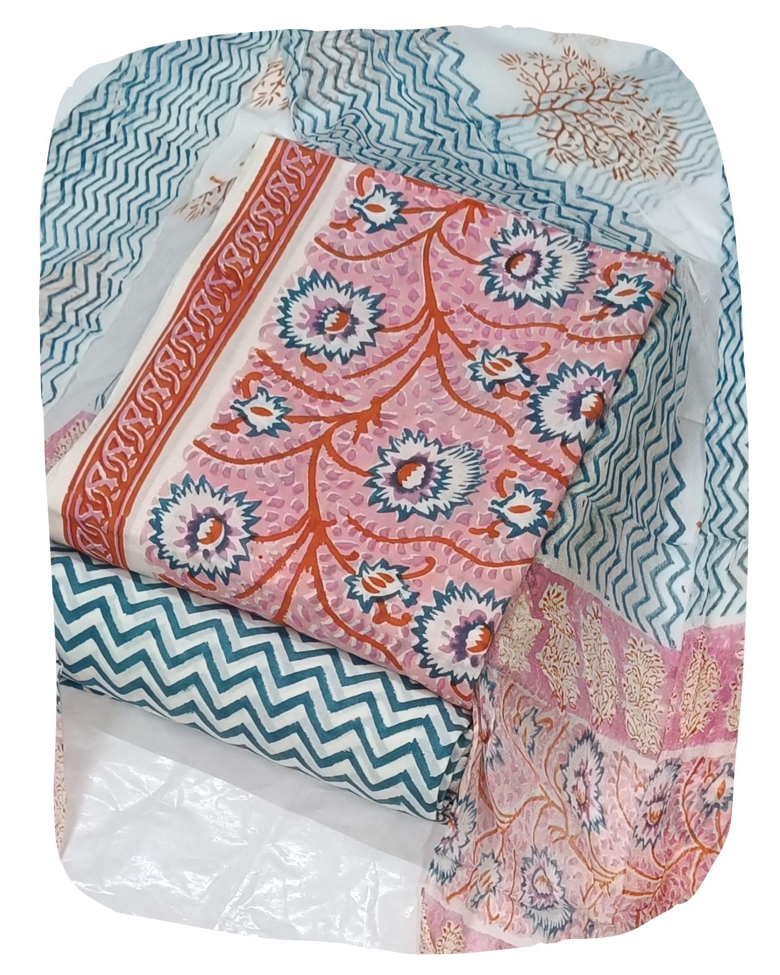 DRAVINAM Trends Hand Block Print Cambric Cotton Unstitched Salwar Suit Set for Women with Pure Chiffon Hand Printed Dupatta