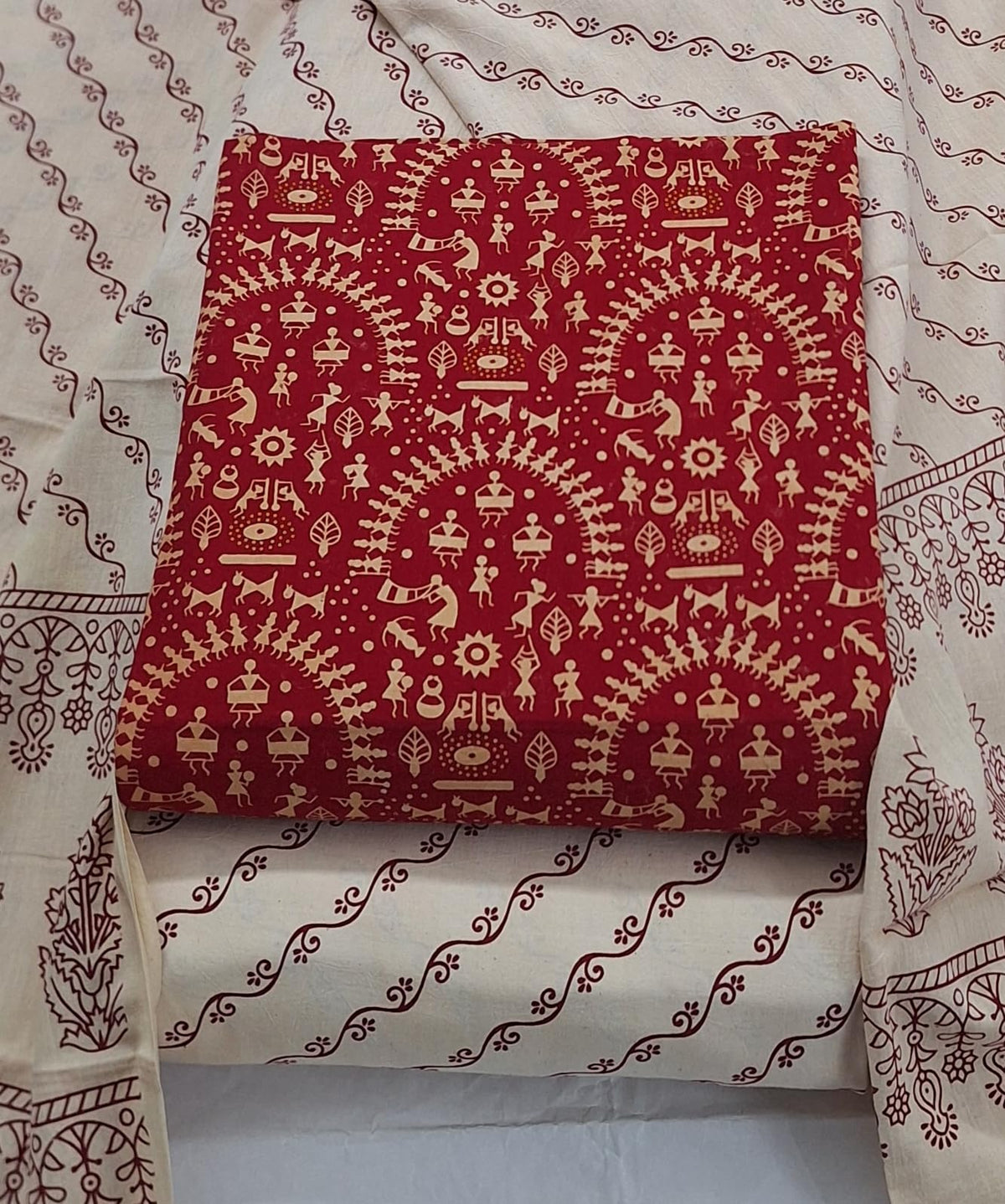 DRAVINAM Trends Women's Premium Cotton Unstitched Salwar Suit Dress Material Set | Traditional Rajasthani Gujari Block Print (Red & Mustard Yellow)