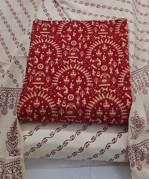 DRAVINAM Trends Women's Premium Cotton Unstitched Salwar Suit Dress Material Set | Traditional Rajasthani Gujari Block Print (Red & Mustard Yellow)