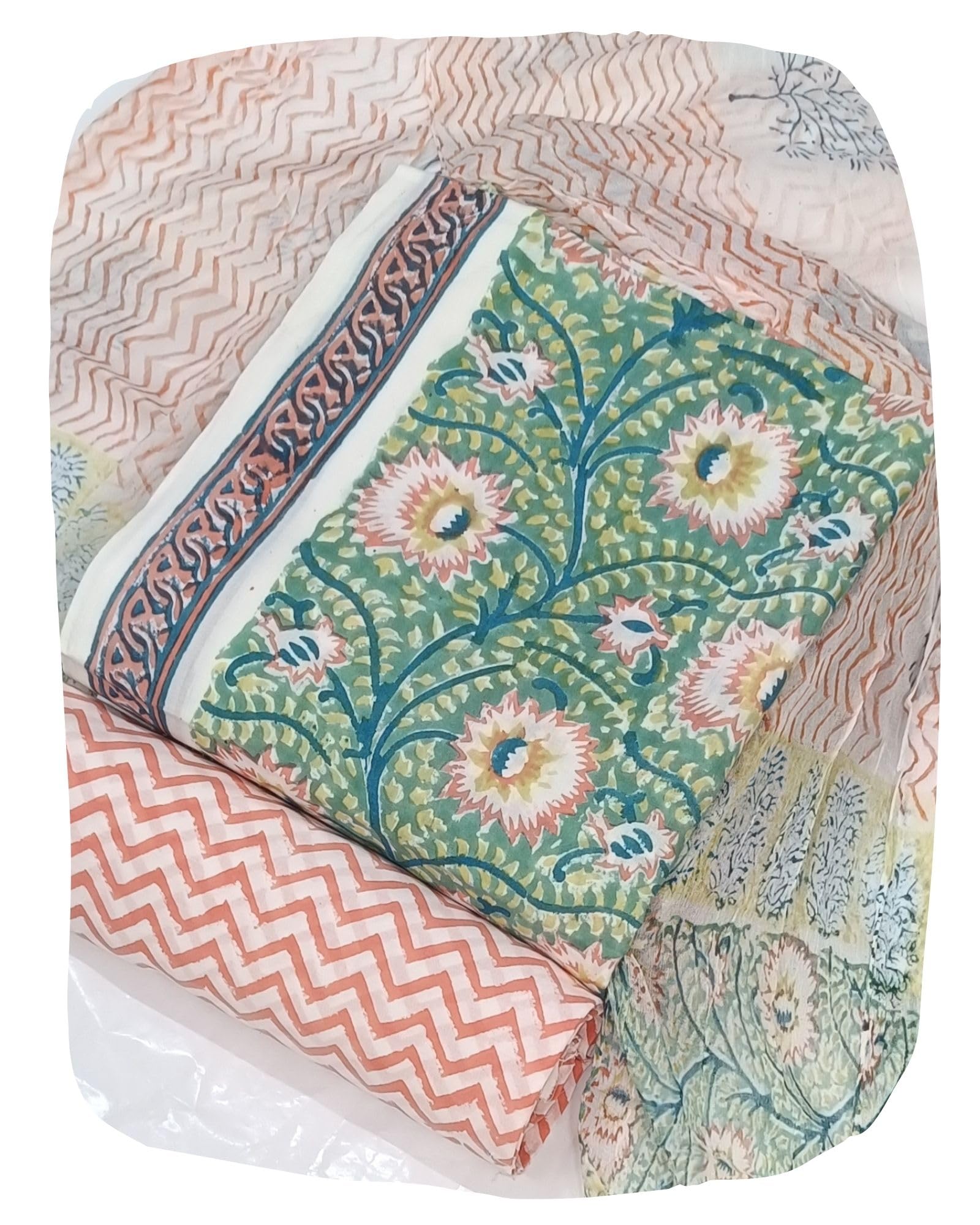DRAVINAM Trends Hand Block Print Cambric Cotton Unstitched Salwar Suit Set for Women with Pure Chiffon Hand Printed Dupatta