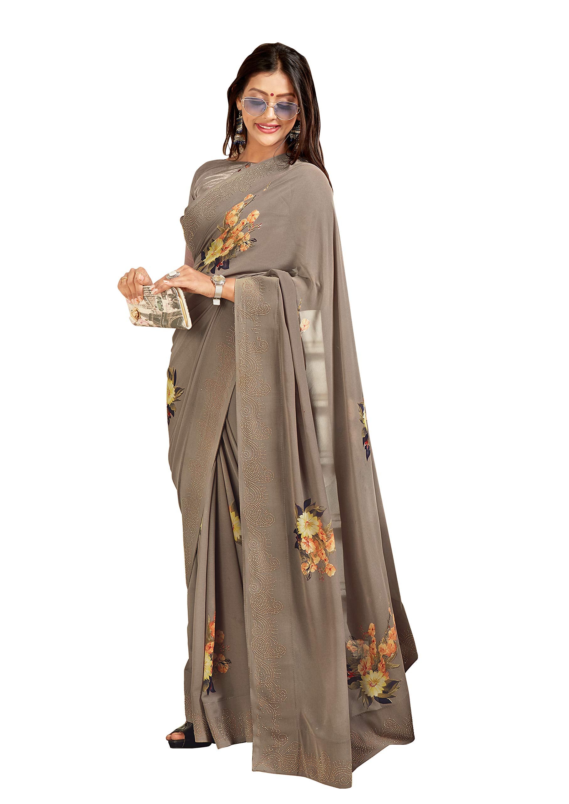 DRAVINAM Trends Women's Georgette Saree with Blouse Piece (Grey)