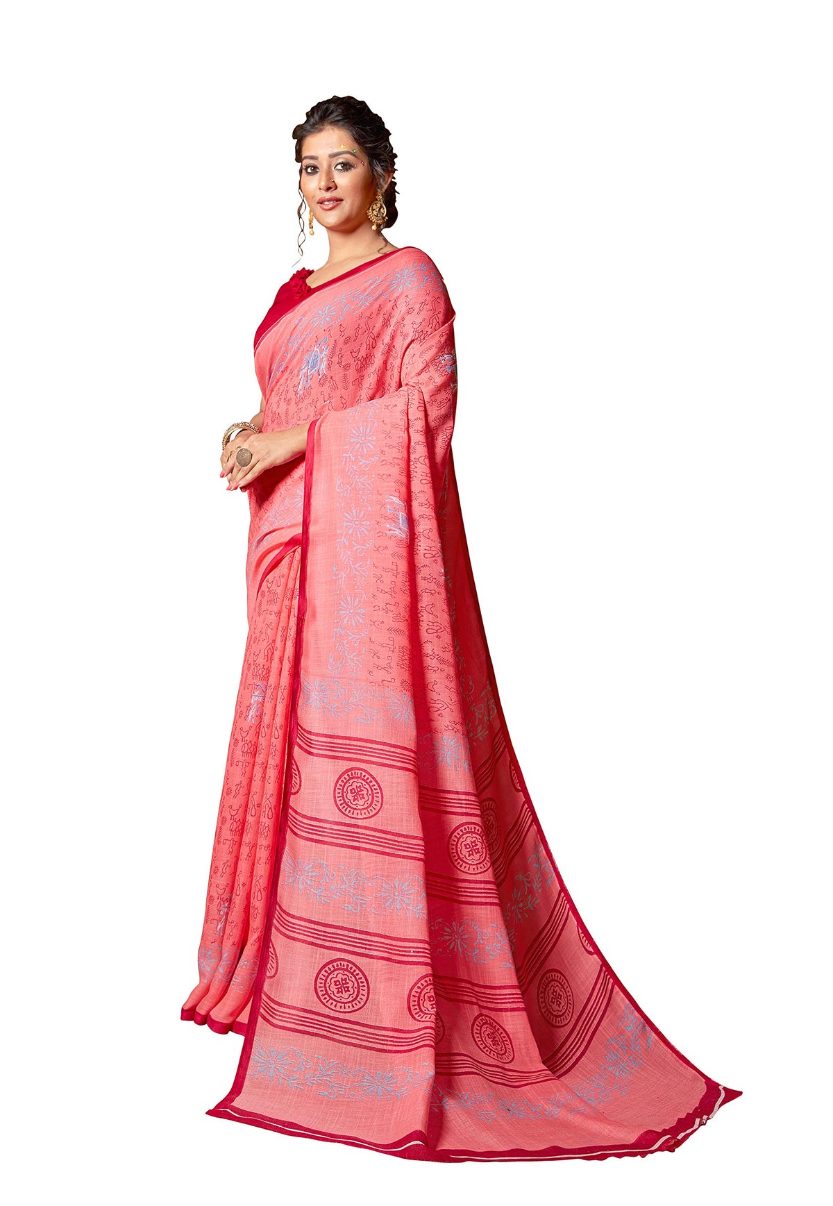 DRAVINAM Trends Women's Woven Pure Linen Printed Saree with Unstitced Printed Blouse Piece (Pink)