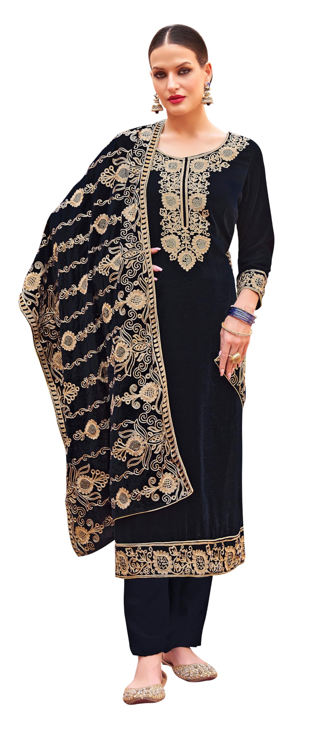 DRAVINAM Trends Women's Unstitched Premium Velvet Embroidered Salwar suit Dress Material with Velvet Heavy Embroidered Dupatta