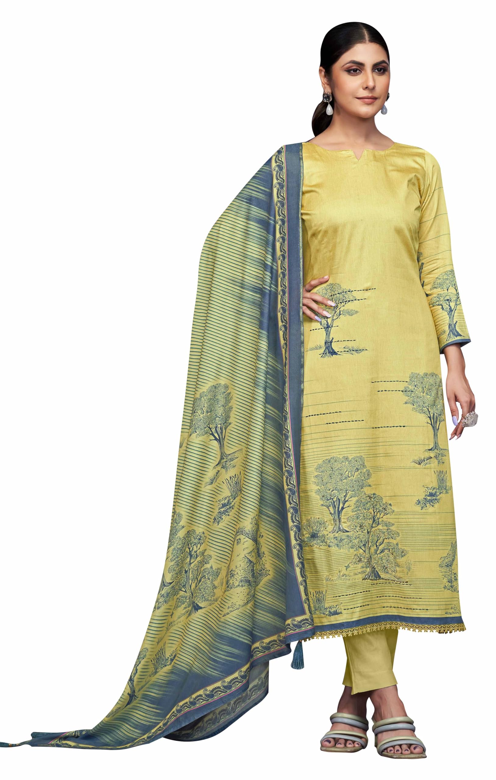 Women's Unstitch Premium Maslin Suit Dress Material II Digital Printed Pure Maslin Top Fabric with Hand work & Gota Detailing II Viscose Rayon Bottom II Digital Printed Viscose Maslin Dupatta