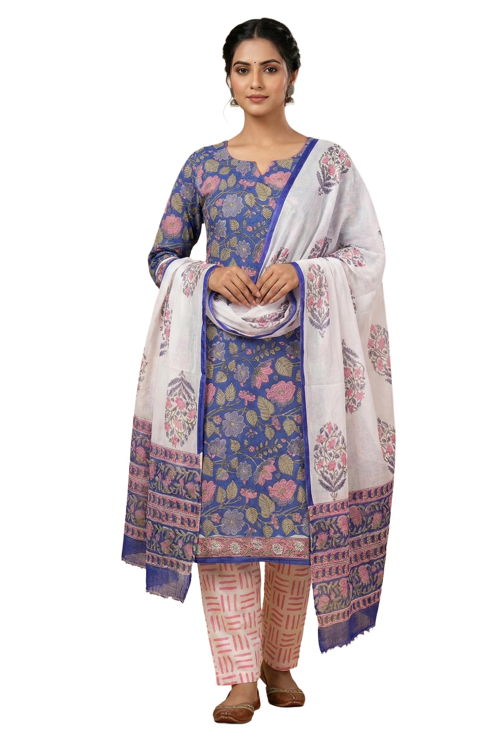 DRAVINAM Trends Hand Block Print Cambric Cotton Unstitched Salwar Suit Set for Women with Pure Chiffon Hand Printed Dupatta