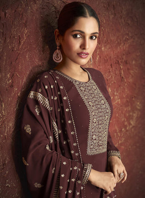 DRAVINAM Trends Women's Pure Georgette Zari Embroidered Pakistani Straight Kurta Dress Material with Embroidered Georgette Dupatta (Free Size_Wine)
