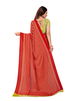 DRAVINAM Trends Women's Soft Printed Mul Mul Satin Saree with Blouse Piece (Red and Green)