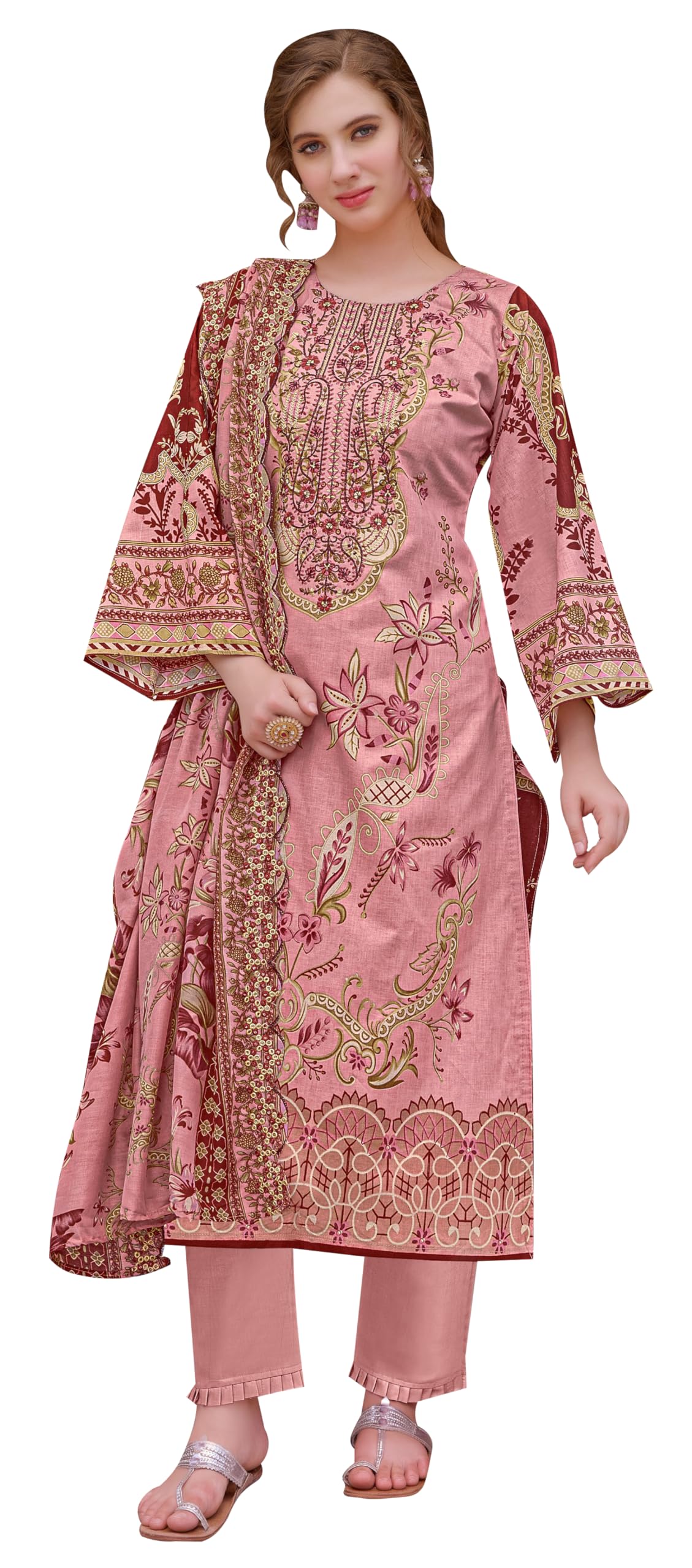 DRAVINAM Trends Women's Unstitched Pakistani Digital Print Embroidered Pure Cotton Salwar Suit Dress Materials with Cotton Embroidered Cutwork Dupatta