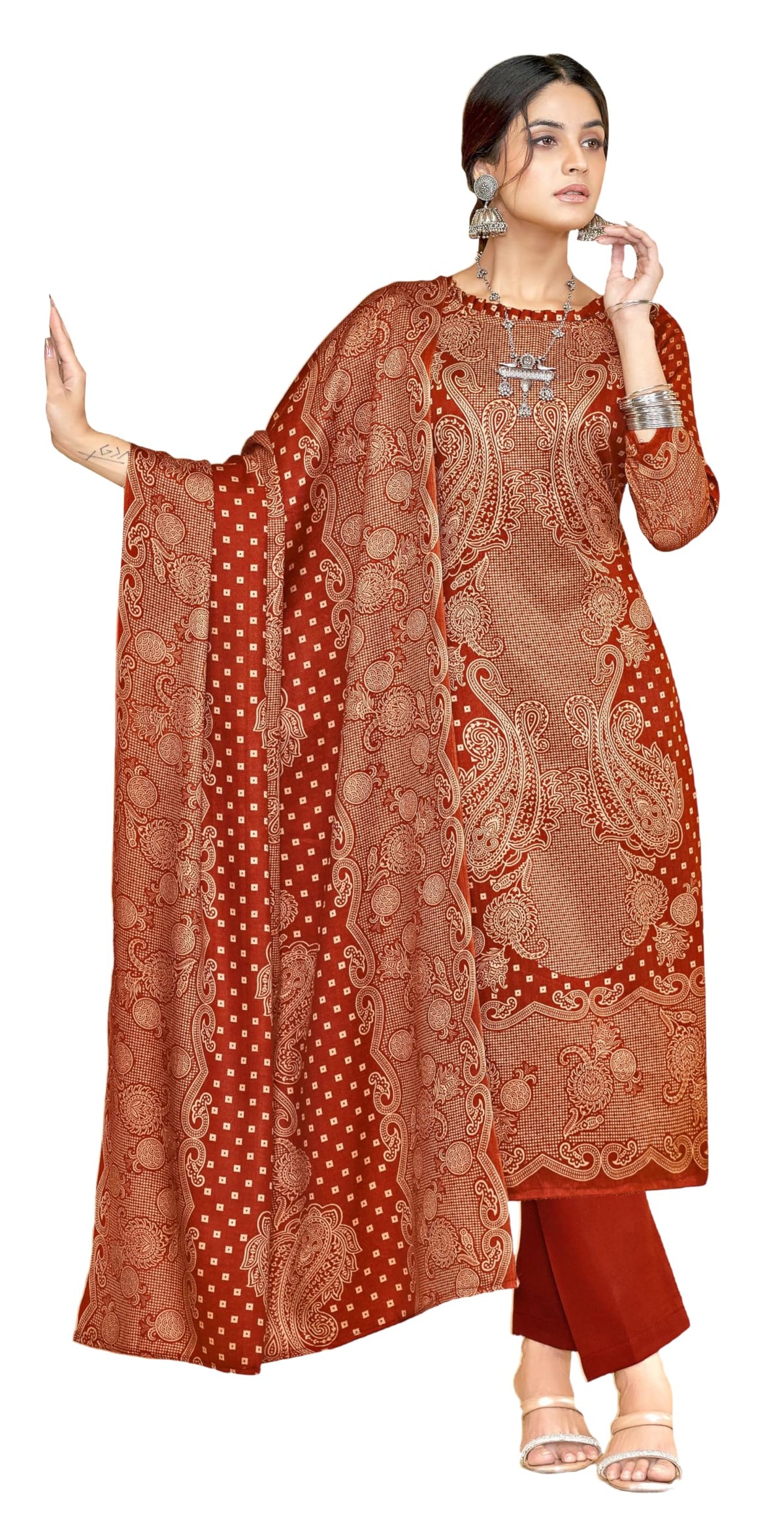 DRAVINAM Trends Women Unstitch Printed Pashmina Suit Dress Material I Digital style Printed Pashmia Top| Pure Pashmina Spun Dyed Bottoms | Luxurious Pure Woolen Shawl Dupatta with Piko work