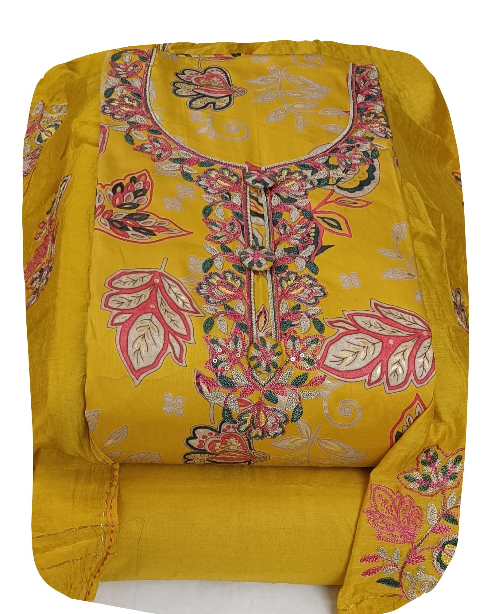 DRAVINAM Trends Women's Modal Floral Printed Unstitched Suit Set with Embroidered Neck Yoke, Malai Cotton Bottom & Soft Silk Dupatta