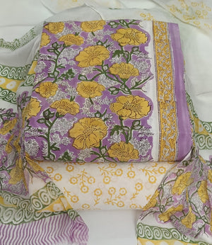 DRAVINAM Trends Hand Block Print Pure Cambric Cotton Unstitched Suit Material with Chiffon Hand Printed Dupatta