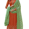 DRAVINAM Trends Women's Pure Tassar Silk Embroidered Palazzo Suit Pakistani Dress Material with Chinon Chiffon Heavy Embroidered and Cutwork Dupatta (Orange and Light Green)