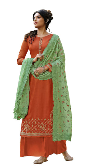 DRAVINAM Trends Women's Pure Tassar Silk Embroidered Palazzo Suit Pakistani Dress Material with Chinon Chiffon Heavy Embroidered and Cutwork Dupatta (Beige Grey and Peach)