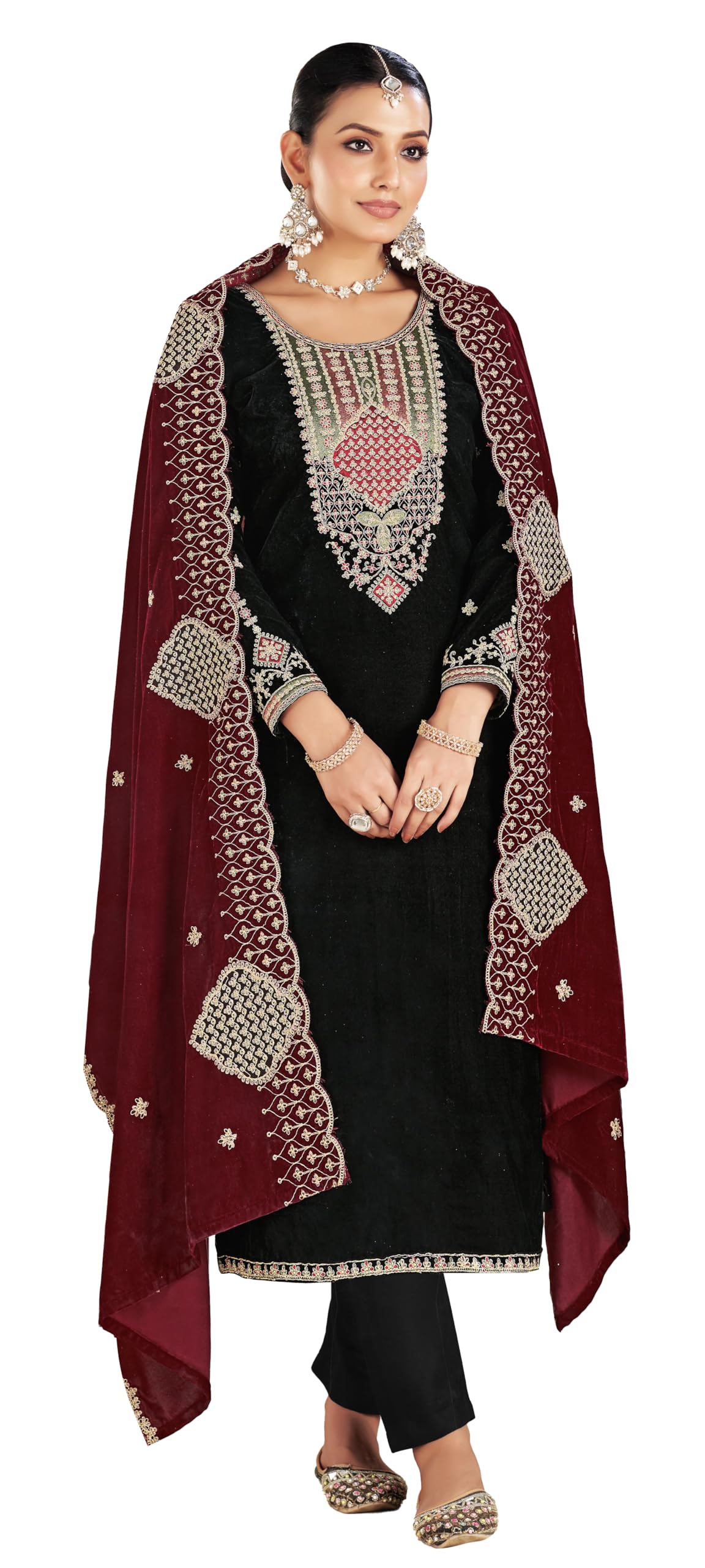 DRAVINAM Trends Women's Unstitch Premium Velvet Fancy Embroidery Winter Wear Salwar Suit Material With Unstitch Bottoms and Piping Dupatta