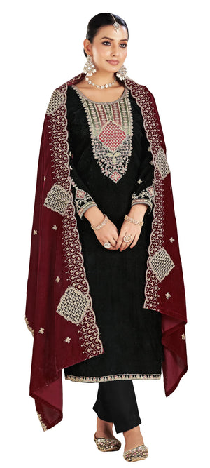 DRAVINAM Trends Women's Unstitch Premium Velvet Fancy Embroidery Winter Wear Salwar Suit Material With Unstitch Bottoms and Piping Dupatta
