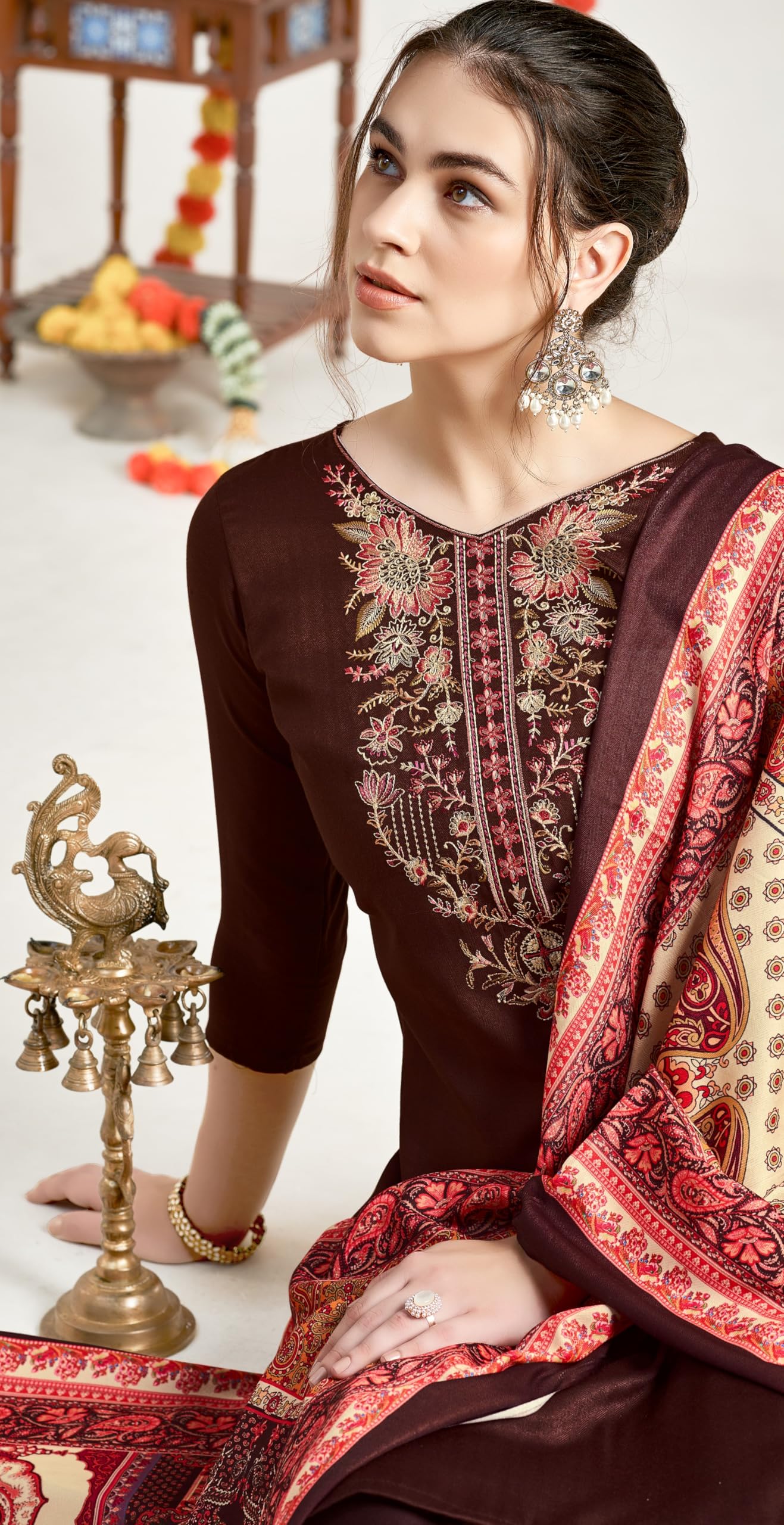 DRAVINAM Trends Women's Unstitched Woollen Pure Pashmina Embroidered Salwar Suit Dress Material with Pashmina Printed Shawl Dupatta