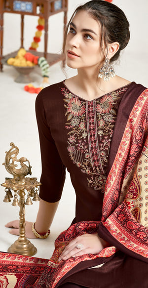 DRAVINAM Trends Women's Unstitched Woollen Pure Pashmina Embroidered Salwar Suit Dress Material with Pashmina Printed Shawl Dupatta
