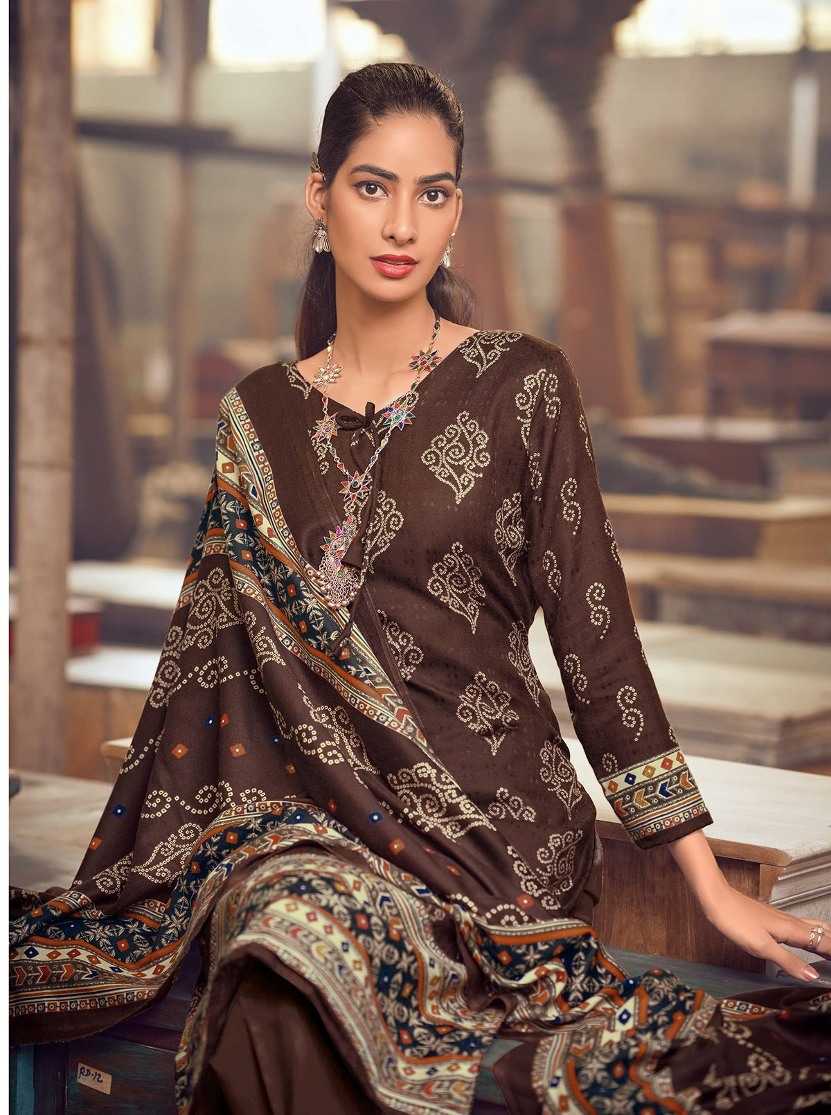 DRAVINAM Trends Un Stitched Women's Woolen Salwar suit Dress Material for winetr wear with warm pashmina shawl dupatta (Dark Brown)