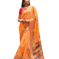 DRAVINAM Trends Women's Soft Linen Cotton Handloom Art Print Woven Bordered Saree with Unstitched Blouse Piece (Orange)