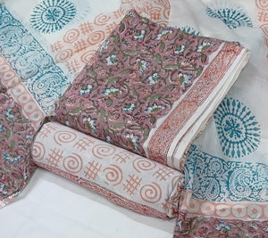 DRAVINAM Trends Hand Block Print Sanganeri Cambric Unstitched Cotton Suit Dress Material for Women with Mulmul Cotton Hand Printed Dupatta